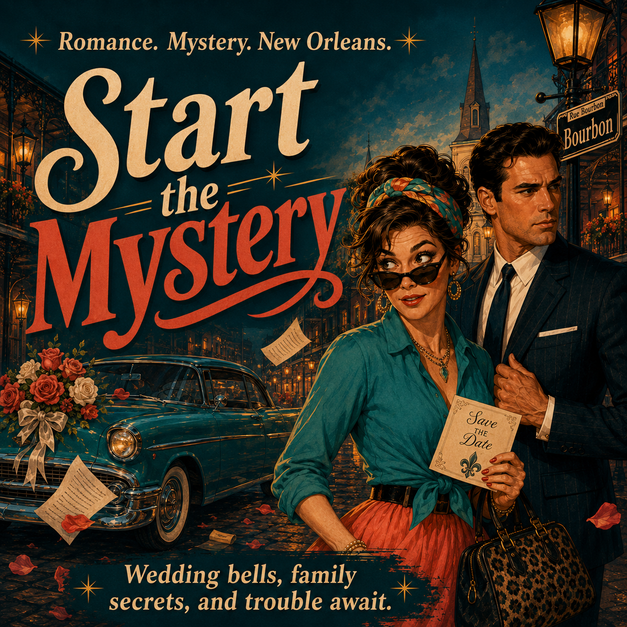 Start the Mystery, retro styling, couple