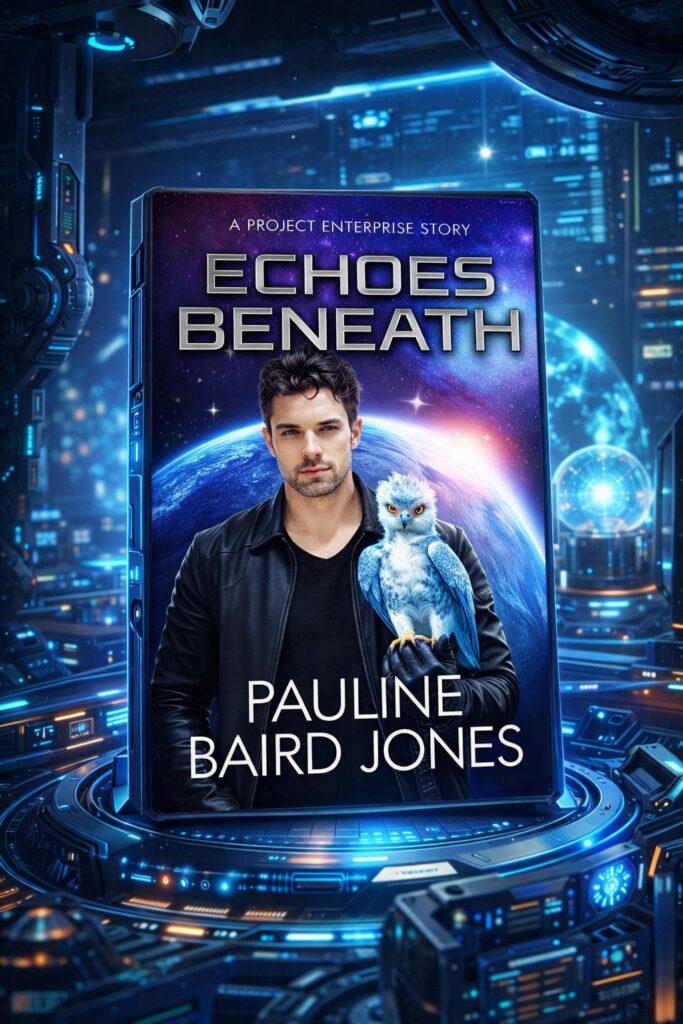 Echoes Beneath mockup with scifi background