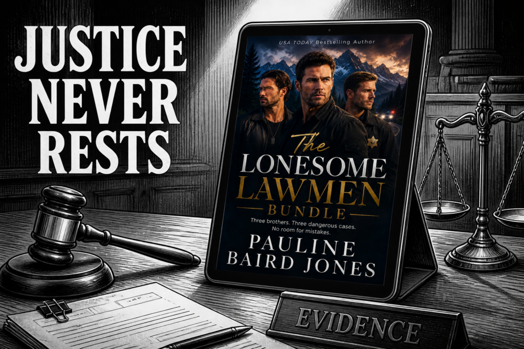 Image with Lonesome Lawmen cover and gavel for justice. 