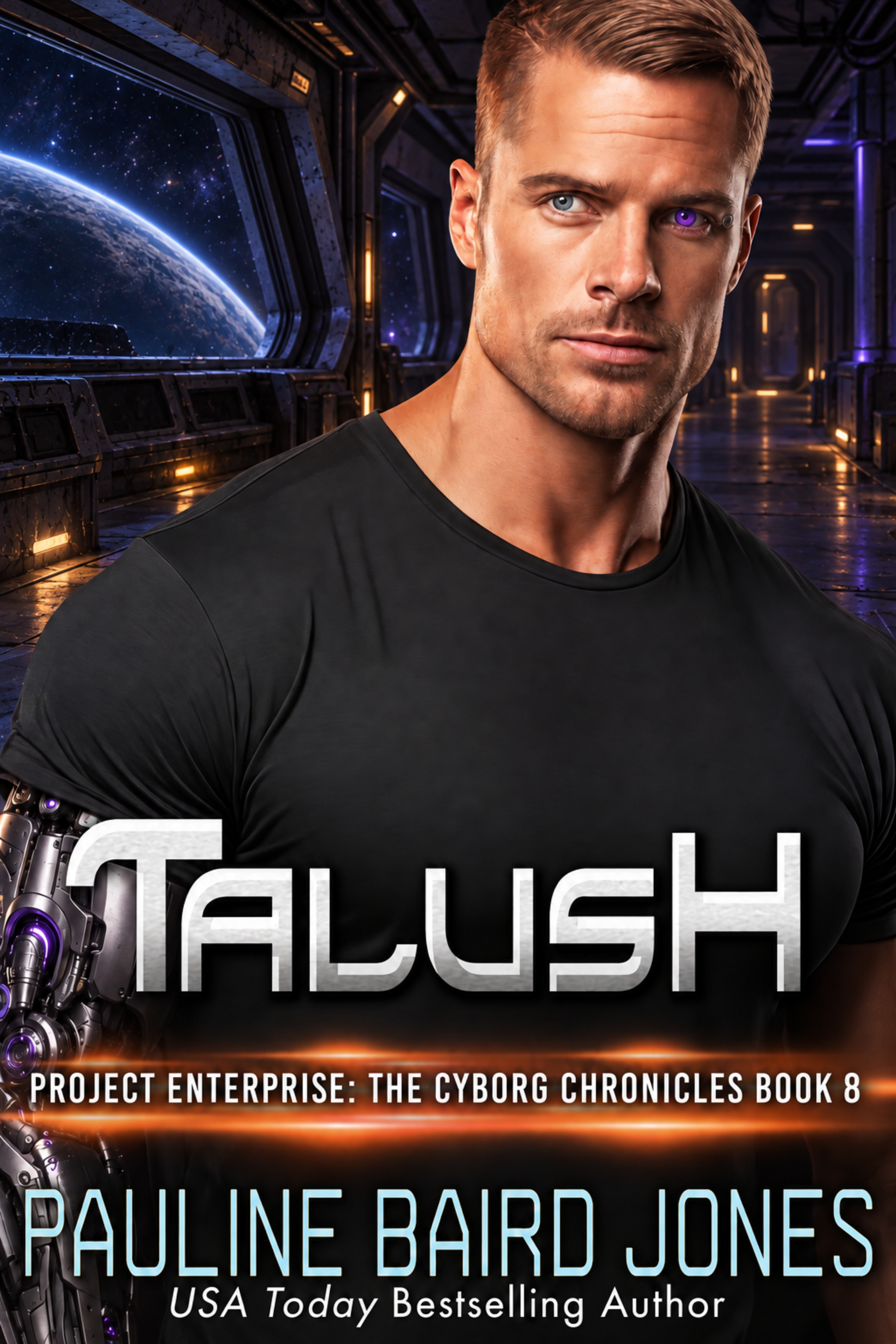 Cyborg hero in front of a planet with book title